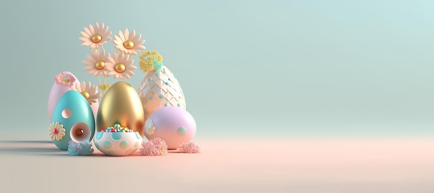 Banner de fondo de celebración de Pascua con huevos de renderizado 3D y flores para promoción