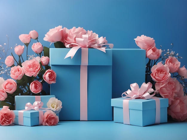 Banner de fondo de celebraciones en color azul con fondo de espacio de copia con flores y cajas de regalo para una campaña de ventas