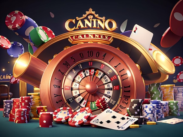 Banner de fondo de juegos de casino Ilustración 3D con elementos de casino Craps ruleta y cartas de póquer