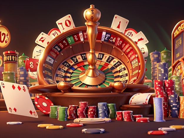 Banner de fondo de juegos de casino Ilustración 3D con elementos de casino Craps ruleta y cartas de póquer