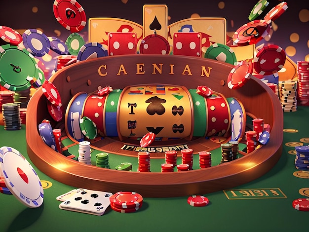 Banner de fondo de juegos de casino Ilustración 3D con elementos de casino Craps ruleta y cartas de póquer