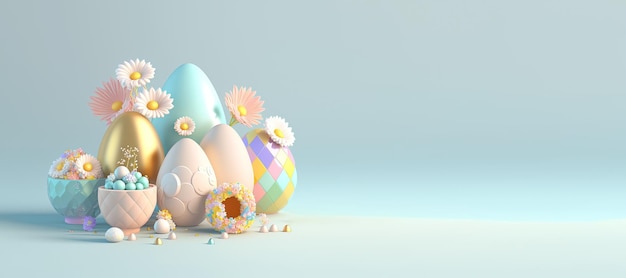 Banner de fondo de Pascua con huevos 3D y flores con espacio de copia