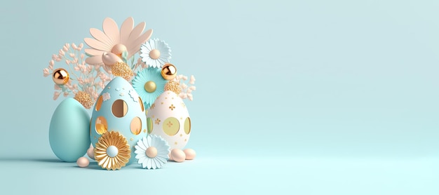 Banner de fondo de Pascua con huevos de renderizado 3D y flores con espacio de copia