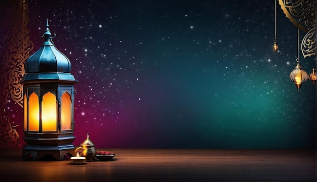 Banner de fondo de Ramadan Kareem con estrellas y linterna Imagen con espacio de copia IA generativa