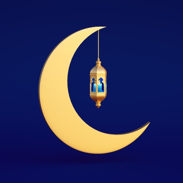 Banner de fondo de Ramadán Kareem con luna y linterna sobre fondo azul renderizado 3D