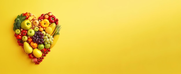 Foto banner de forma de amor de fruta llena de varios colores aislado en fondo amarillo