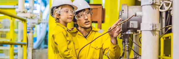 Banner de formato largo, joven y niño pequeño, ambos con uniforme de trabajo amarillo, gafas y casco.