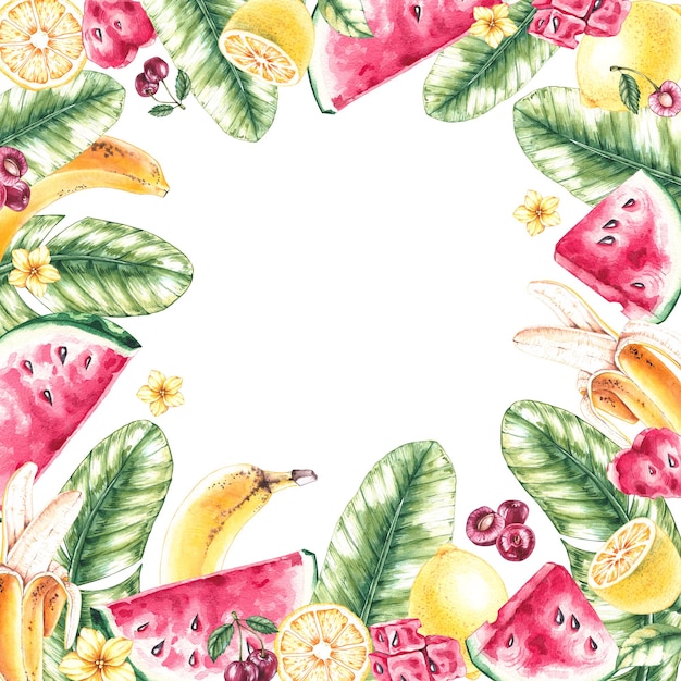 Banner de frutas de verano acuarela de sandía piña limón cereza sobre un fondo blanco