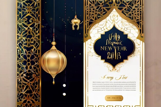 Banner für das islamische Neujahr mit dekorativem Halbmondhut und Tasbih