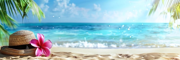 Banner fundo de praia de verão com folhas de palmeira de mar azul vibrante luz solar cintilante e chapéu de palha