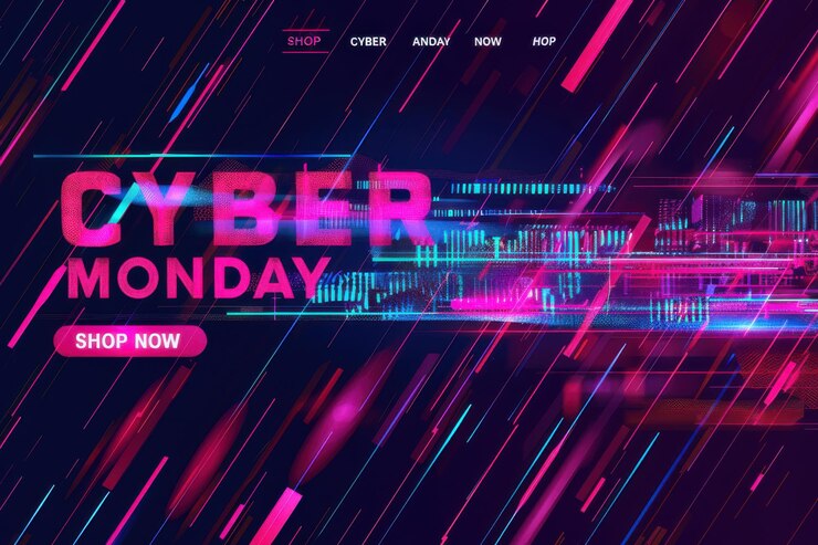 Banner futurista de ventas del Cyber Monday con texto de neón en negrita y efectos de fallo en un fondo oscuro que destaca las ofertas en línea