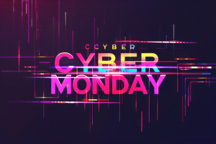 Banner futurista de ventas del Cyber Monday con texto de neón en negrita y efectos de fallo en un fondo oscuro que destaca las ofertas en línea