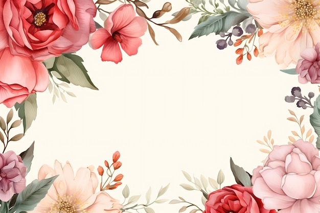 Banner generativo AI com moldura feita de flores rosas e folhas verdes em um fundo rosa