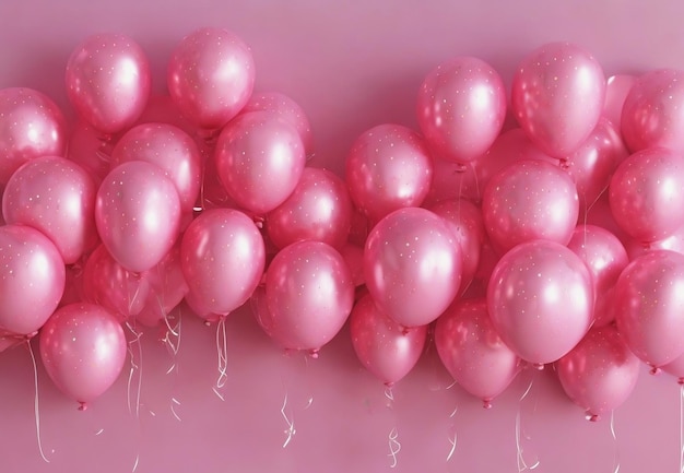 Banner globos de gel de aire brillantes metalizados de color rosa con un fondo brillante y hermosos globos de color rosa