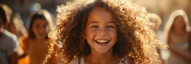 Banner Glückliches, lockiges junges Mädchen, das strahlend im Sommersonnenlicht lächelt, offenes Kinderporträt