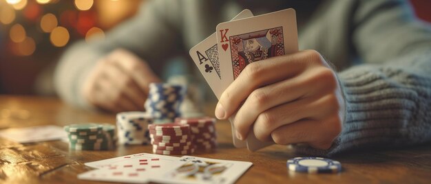 Foto banner glücksspiel poker nahaufnahme eines mannes, der karten spielt, während er an einem pokertisch mit chips sitzt