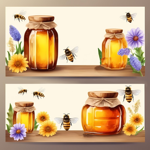Banner con un gran frasco de miel natural Ilustración pintada a mano en acuarela