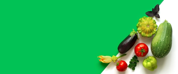 Banner un grupo de verduras minimalista cosecha moderna de tomates calabacín calabaza