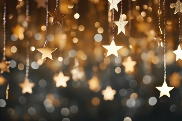 Banner con una guirnalda de estrellas brillantes hechas de papel dorado Fondo navideño con luces bokeh