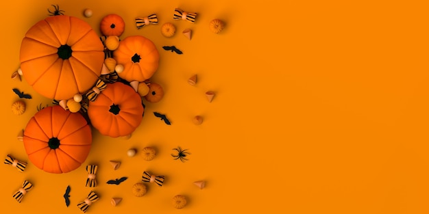 Banner de Halloween con calabazas y dulces. Endecha plana. Ilustración 3D. Copie el espacio.