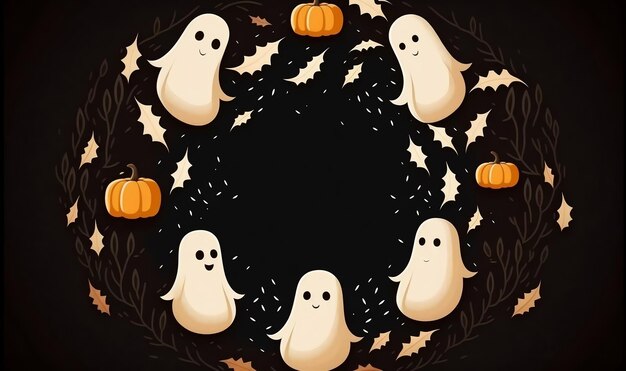 Banner de Halloween lindos fantasmas y calabazas vuelan en un círculo AI generado