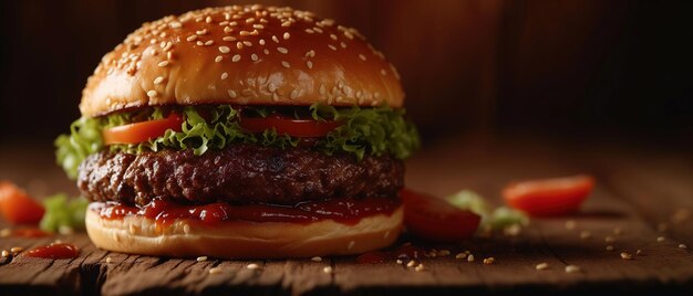 Banner hamburguesa jugosa descansa en la parte superior de una simple mesa de madera mostrando sus deliciosos ingredientes y tentador atractivo de comida rápida