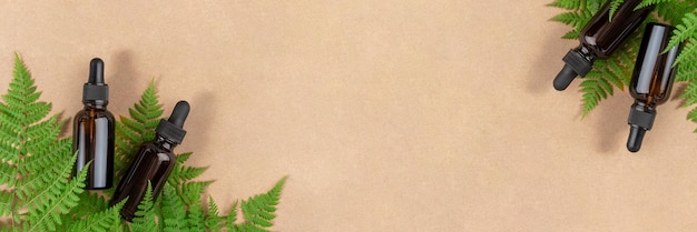 Banner hecho con frascos cuentagotas de vidrio cosmético y hojas de helecho verde sobre fondo beige artesanal Concepto de belleza cosmética Spa orgánico natural Vista superior Espacio de copia