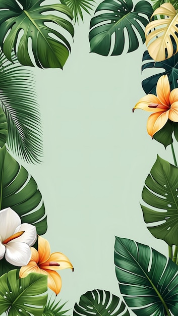 Banner de hojas tropicales, plantas de la selva verde y flores exóticas.