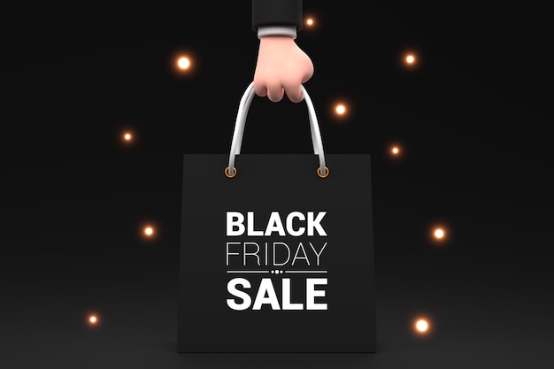 Banner horizontal de sexta-feira negra com mão humana de desenho animado segurando sacola de compras preta com texto branco Ilustração de renderização 3d de fundo de sexta-feira negra