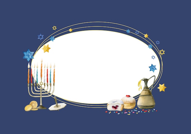 Banner horizontal feliz hanukkah no modelo de cartão azul com estrelas menorah sufganiyot david