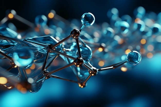 Banner horizontal con modelo de estructura molecular abstracta Fondo de color azul con vidrio en