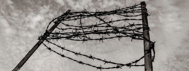 Foto banner horizontal o encabezado con alambre de púas en la valla de hormigón concepto de encarcelamiento y deportación conmemoración de las víctimas del holocausto