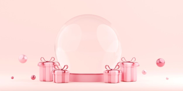 Banner de ilustración 3d de globo de cristal con caja de regalo, feliz día de San Valentín