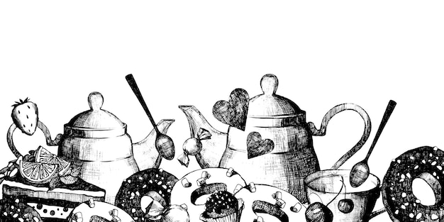 Banner con ilustraciones gráficas en blanco y negro sobre el tema de la fiesta del té