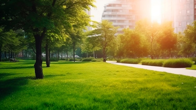 Banner imagem ampla de espaços verdes na cidade urbana Generative AI