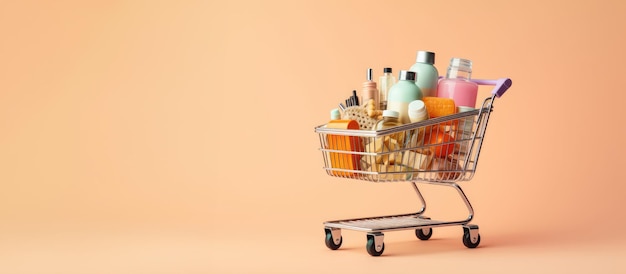 Banner con imagen de un carrito de compras con productos cosméticos Concepto de compras Generado por IA