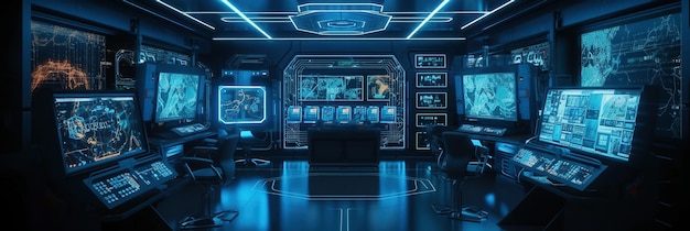 Foto banner interior do centro de comando sala 3d com luz neon conceito scifi com telas e espaço de trabalho sala de vigilância futura