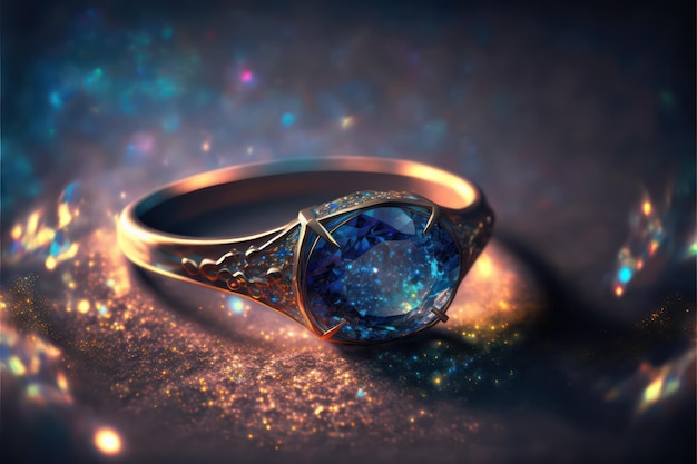 Banner de joyería de anillo de diseñador elegante con ai generativo de piedras preciosas azules