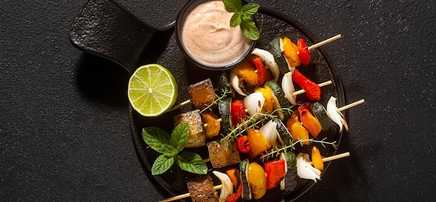 Banner de kebabs veganos listos de verduras y tofu ahumado con salsa de anacardo y pimentón ahumado sobre un fondo negro