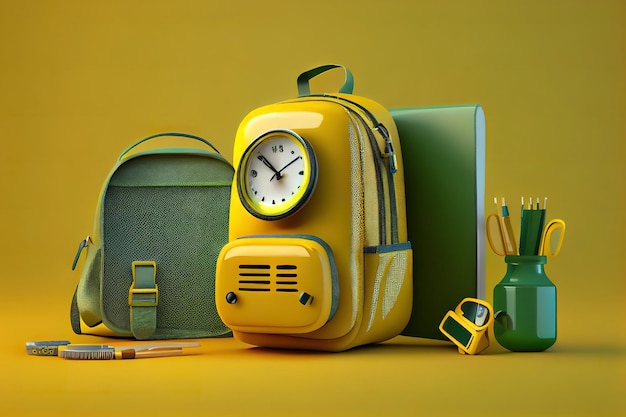 Banner-Konzept zurück zur Schule Voller gelber Schulrucksack mit Schreibwaren Generative Ai