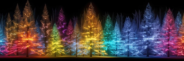 Banner leuchtende mehrfarbige Weihnachtsbäume in Nahaufnahme auf dunklem Hintergrund und die Nordlichter