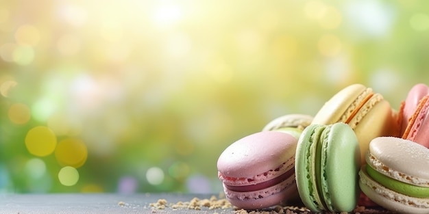 Banner macarons cookies diferentes colores fondo borroso coloridos macarons bisquits closeup