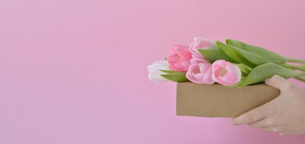 Banner con manos sosteniendo tulipanes rosas en una caja Flores de primavera Felicitaciones El concepto de regalos y vacaciones de primavera Día Internacional de la Mujer Día de la Madre