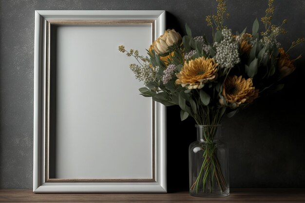 Banner para maqueta de plantilla con un ramo de flores en un jarrón de vidrio y un marco de madera antiguo en blanco