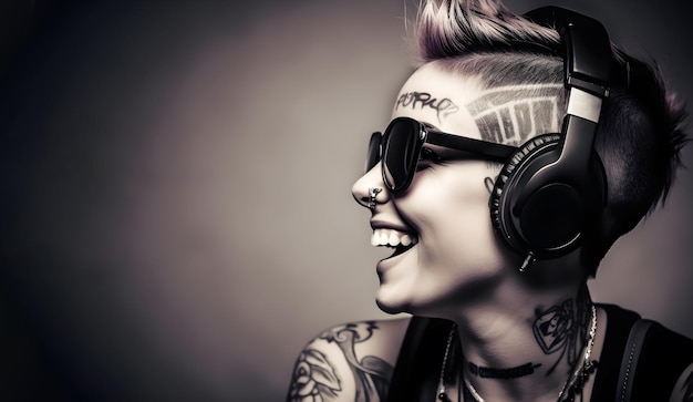 Banner mit einer schönen Punk-Frau, die mit Kopfhörern Musik hört, ai generative Illustration