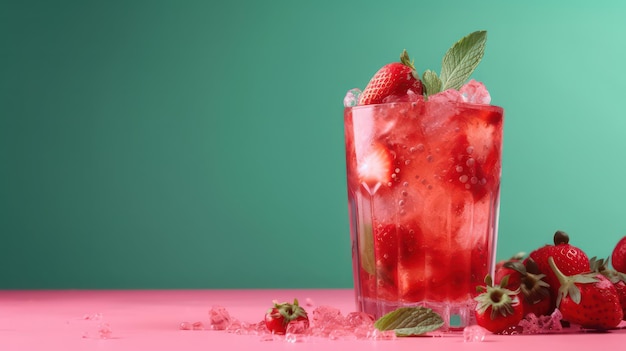 Banner mit frischem Cocktail mit Crushed Ice Erdbeere und Minze auf rosa Hintergrund