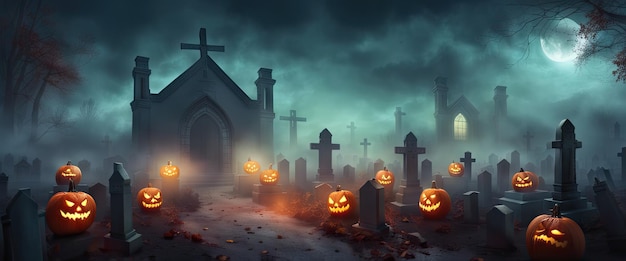 Banner mit gruseligen Jackolanterns, geschnitzten Kürbissen für Halloween auf dem Friedhof und hoch auf Grabsteinen