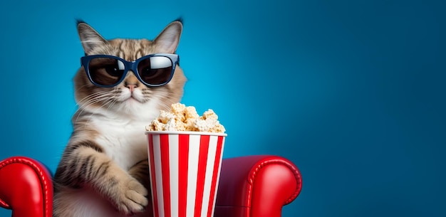 Banner mit Katze, die sich einen 3D-Film mit Popcorn im roten Sessel ansieht