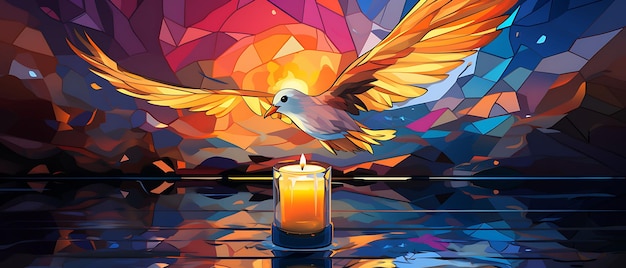 Banner mit Kerzenlicht, das durch ein Buntglas leuchtet, Taube, Regenbogen, Kerzenkragen, Weihnachten, 2D-Flat-Designs