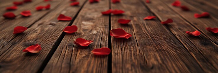 Banner mit Nahaufnahme von Holzfußbodenoberfläche, verstreut mit Rosenblättern, minimalistische romantische Zusammensetzung